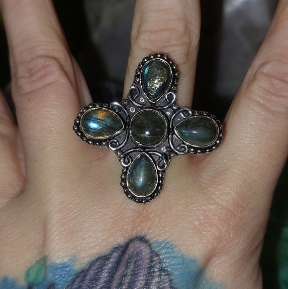 5 Stone Labradorite Gemstone Statement Ring - Picture 3 of 7